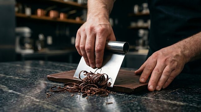 Tangan pria mengikis batang cokelat besar menjadi gulungan tipis melambangkan keterampilan tradisional dan persiapan bahan kuliner premium teliti