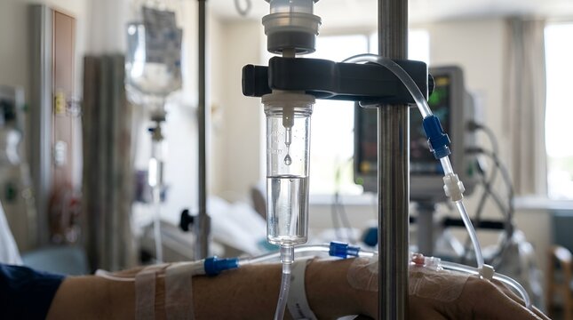 Hospital IV drip with saline solution and healthcare monitoring.