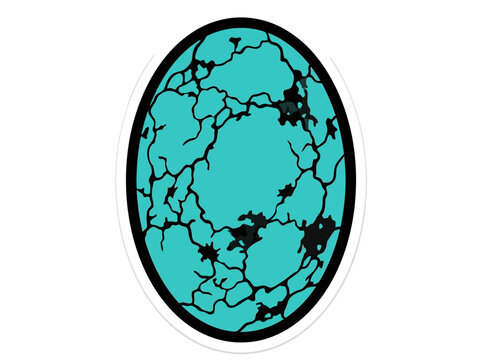 Teal oval sticker with black cracked pattern on a white background.