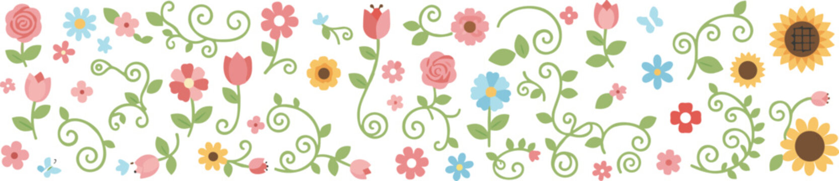 Spring flower and vine border element collection set with cute rose sunflower daisy vector layout.