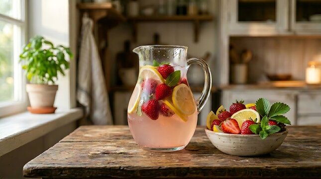 Teko kaca menyajikan air limun stroberi merah muda segar melambangkan keceriaan musim panas dan kesegaran minuman organik