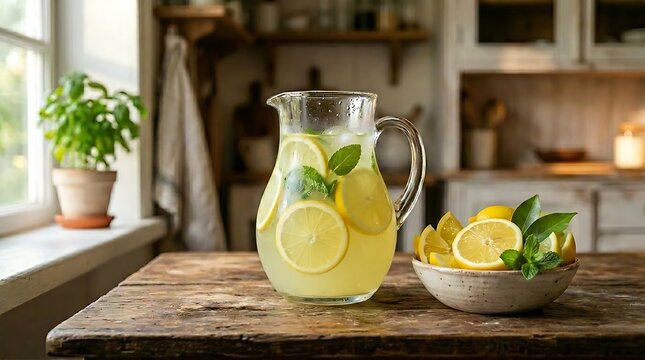 Pitcher kaca menyajikan air limun lemon segar dengan daun mint melambangkan relaksasi pagi dan nutrisi hidrasi alami
