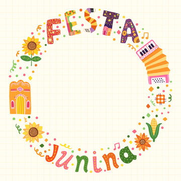 Cute Festa Junina Vector Frame with Hand Painted Text, Sunflower, Accordion, Corn, Brazilian Festival Border