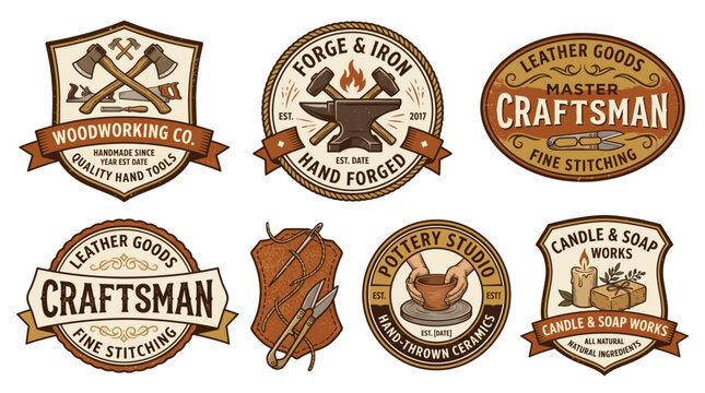 Vintage Handcraft Workshop Artisan Logo Badge Template Vector Set with Carpenter Blacksmith Leather Pottery Candle and Rustic Design