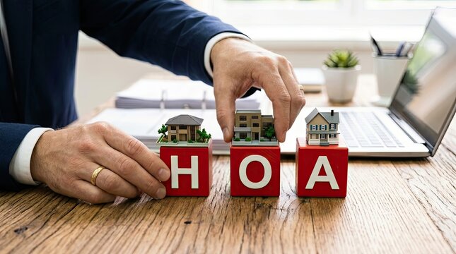 Professional real estate agent arranging small model houses on red wooden blocks that spell out the acronym hoa for clients