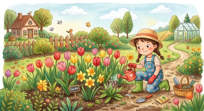 Little girl watering flowers in a colorful garden on a sunny day