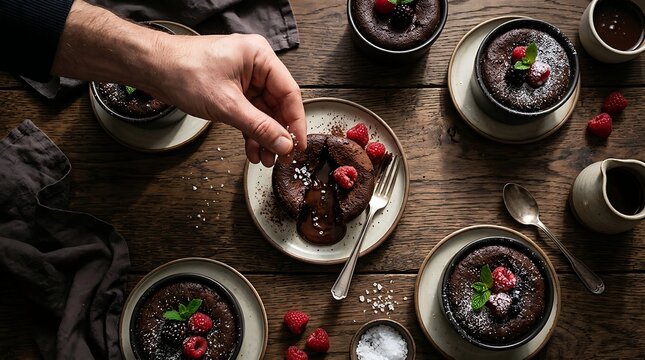 Tangan koki menaburkan garam laut di atas kue cokelat lava cair hangat melambangkan kelezatan hidangan penutup gourmet premium