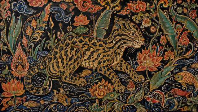 Traditional Thai Fishing Cat Art Print, Flat Lai Kham Mural Painting for Southeast Asian Heritage Decor