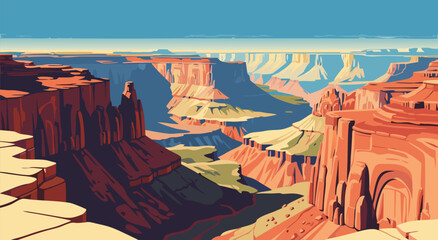 Vibrant vector illustration of a majestic canyon landscape, showcasing the grandeur of nature's art with striking colors and dramatic geological formations © PDWN Creative