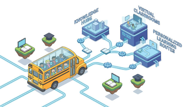 Modern Education Concept Illustrating a Yellow School Bus Connecting Students to Virtual Classrooms Knowledge Hubs and Personalized Learning Routes via Digital Technology and Online Resources