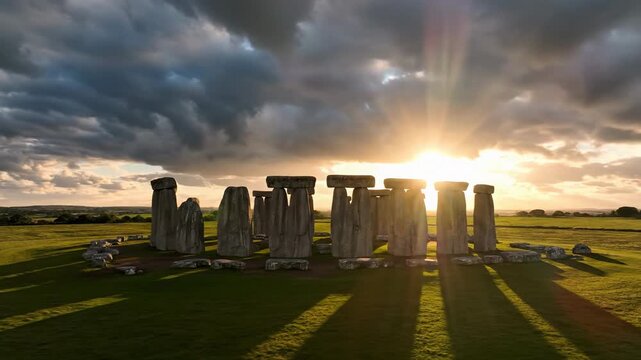 Spectacular 4K cinematic aerial view of the ancient Stonehenge megalithic monument, dramatically bathed in golden hour light beneath shifting cumulus clouds, conveying profound