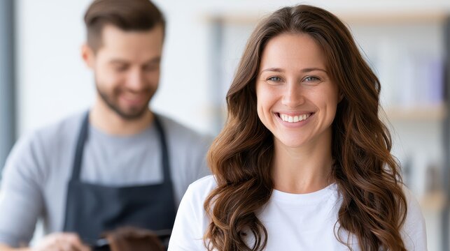 Smiling woman portrait with salon professional in background, beauty care concept, wellness lifestyle, personal grooming.