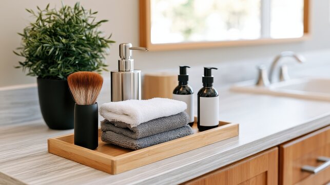 Collection of beauty and wellness products arranged with indoor plants, self care lifestyle, spa concept, natural cosmetics, modern presentation.