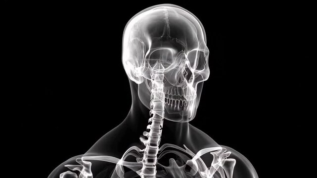 Understanding human anatomy through a detailed view of the skull and spine from a side perspective during an educational presentation