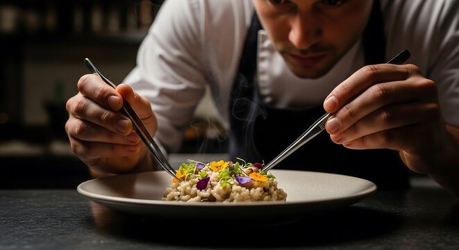 Male chef plating mushroom truffle risotto with edible flowers, upscale restaurant kitchen background, culinary photography for fine dining advertising and luxury restaurant branding