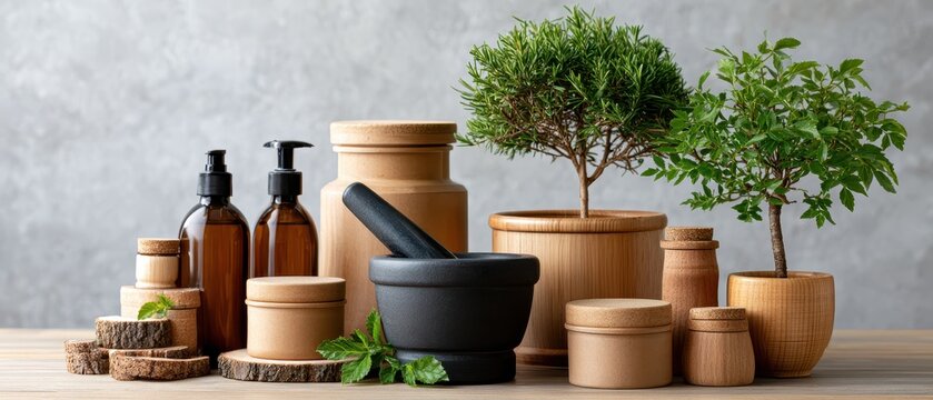 Collection of beauty and wellness products arranged with indoor plants, self care lifestyle, spa concept, natural cosmetics, modern presentation.