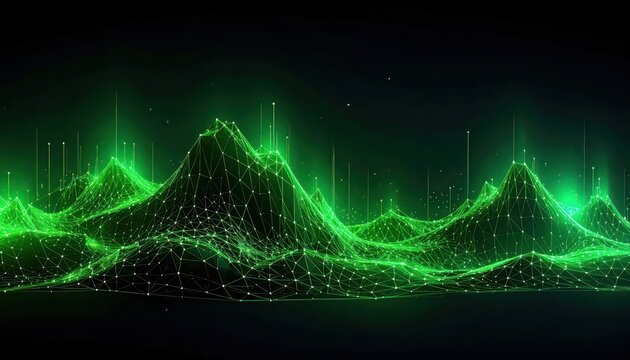 Green Glowing Network Wireframe Mountains Abstract