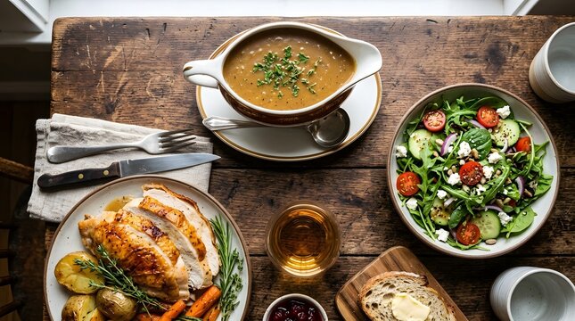 Delicious Roasted Chicken Dinner with Soup, Salad, and Bread on a Rustic Wooden Table.