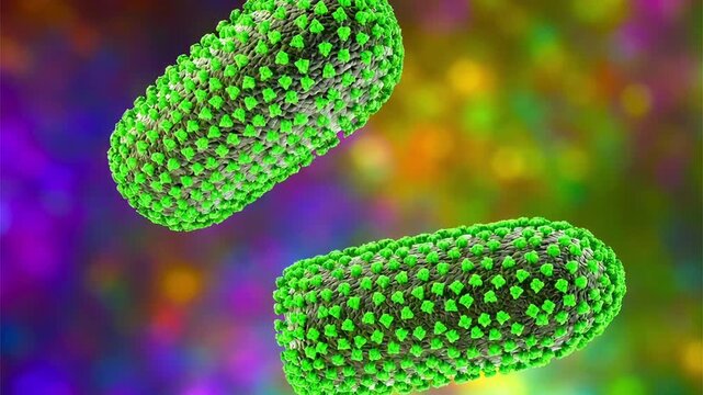 Rabies virus particles, 3D animation showing slowly rotating bullet-shaped enveloped virions, illustrating neurotropic viral infection.
