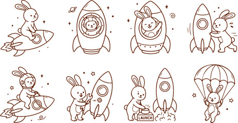 Cute cartoon bunnies in rockets and spacesuits for space exploration and childhood adventure themes. © Sadhin