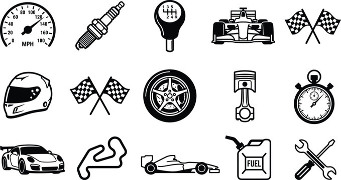 Car Racing and Motorsport Icon Set with Formula Car, Speedometer, Spark Plug, Wheel, Helmet, and Checkered Flags for Automotive Service Designs