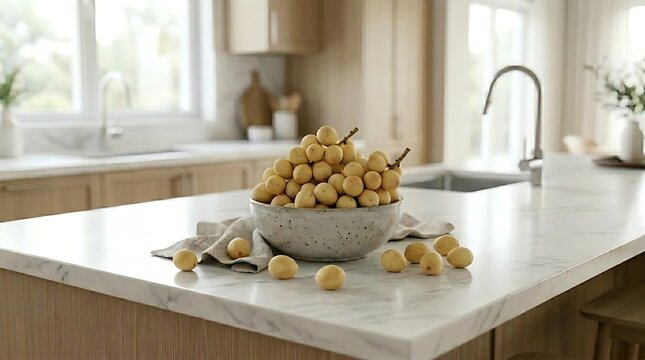 Mangkuk berisi buah duku segar di atas meja dapur modern melambangkan gaya hidup sehat dan kekayaan alam tropis