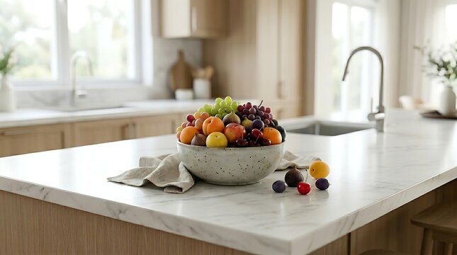 Aneka buah-buahan segar tertata dengan cantik dalam mangkuk besar di meja marmer dapur melambangkan kelimpahan nutrisi gaya hidup sehat keluarga.