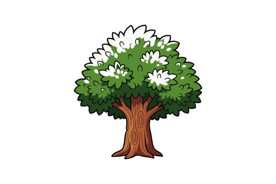 Cute cartoon green tree with lush leaves and brown trunk isolated on white background for gam