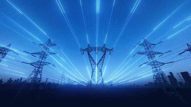 High-voltage power lines and power transmission under the night sky