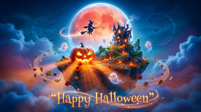 Whimsical halloween island with witch ghosts and jack o' lantern under a blood moon