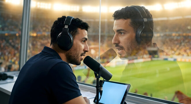 Comentarista deportivo narrando un partido de f&uacute;tbol en directo desde la cabina de transmisi&oacute;n de un estadio