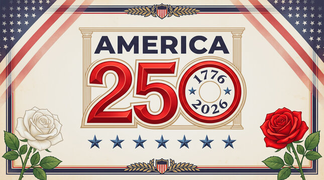 America 250th anniversary commemoration graphic with roses and patriotic design