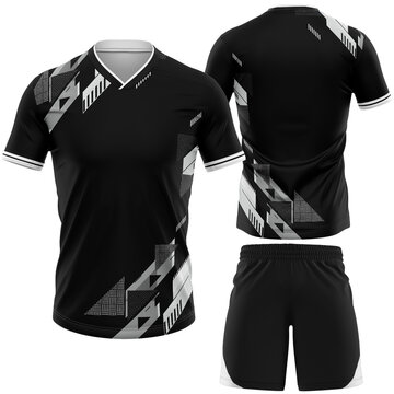 Jersey Sport Uniform Design Mockup Featuring a Black Athletic Shirt and Matching Shorts with a Modern Geometric Abstract Pattern for Team Sports Apparel