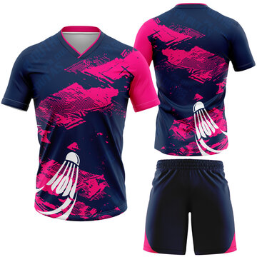Badminton Sports Uniform Mockup with a Modern Design Featuring Navy Blue Vibrant Pink Abstract Grunge and a White Shuttlecock Logo