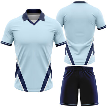 Jersey Sports Kit Mockup a Versatile Light Blue Athletic Polo Shirt and Dark Blue Shorts for Team Uniform Branding and Design Presentations