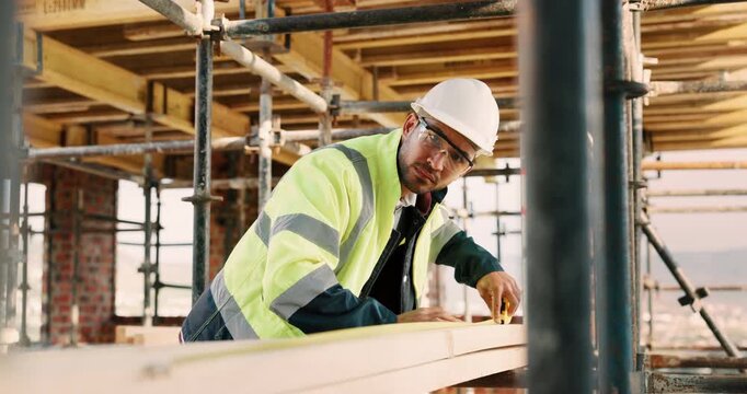 Construction worker, man and tape measure with wood for building, development and project. Tools, person and lumber at site for dimension accuracy, engineering or framework with architecture material