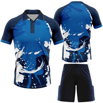Sportswear Mockup of a Blue and White Polo Shirt and Shorts with Dynamic Splash Pattern Design Ideal for Team Uniforms