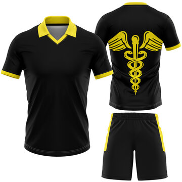 Jersey and Shorts Black and Yellow Sportswear Uniform with Caduceus Symbol for Medical Teams and Sports Mockup