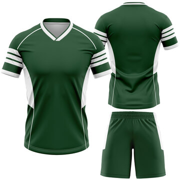 Sports Uniform Mockup Showing a Mens Green and White Short Sleeve Jersey and Matching Shorts Designed for Team Sportswear