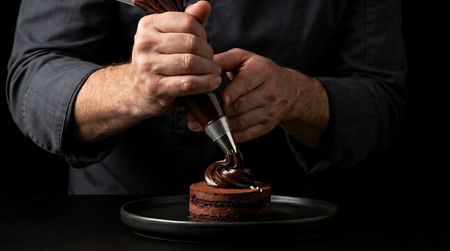 Koki patisserie menyemprotkan dengan kantong dekorasi krim ganache cokelat ke atas kue tart kecil mewakili kesempurnaan detail seni kuliner mewah.
