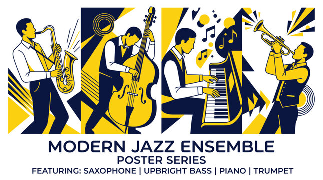 Modern Jazz Ensemble Playing Music with Saxophone, Upright Bass, Piano, Trumpet
