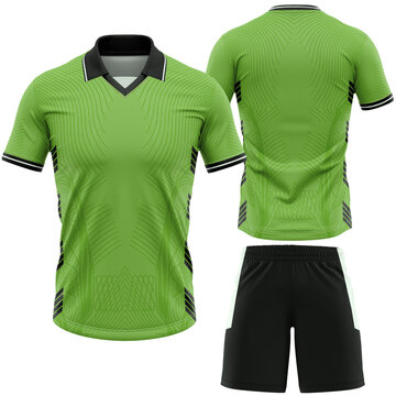 Sports Uniform Mockup Featuring a Vibrant Green Soccer Jersey with Black Collar and Striped Sleeves Paired with Black Athletic Shorts Template