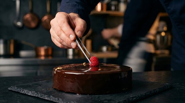 Tangan koki meletakkan dengan pinset buah raspberi segar di atas kue cokelat mengkilap menyimbolkan presisi tinggi seni dekorasi patisserie premium.