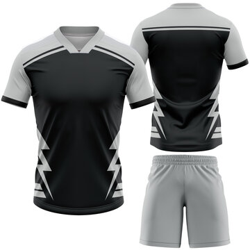 Sports Uniform Kit Featuring a Black and Gray Athletic Jersey with Lightning Bolt Design and Matching Shorts Perfect for Team Apparel Mockups