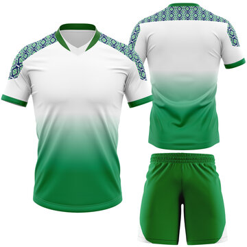 Sports Kit Design Featuring White and Green Gradient Athletic Jersey with Abstract Geometric Shoulder Pattern and Matching Shorts