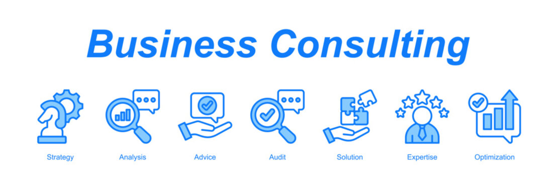 Business Consulting web banner icon concept for with icon of Strategy, Analysis, Advice, Audit, Solution, Expertise, Optimizati.