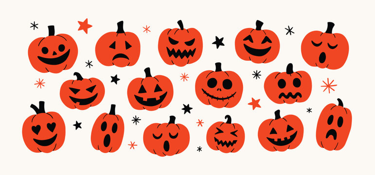 Simple Pumpkins of different forms, emotions. Playful doodle Halloween pumpkin illustration set. Flat modern trendy childish style. Funny scary dead heads. 31 October celebration, stickers, print.