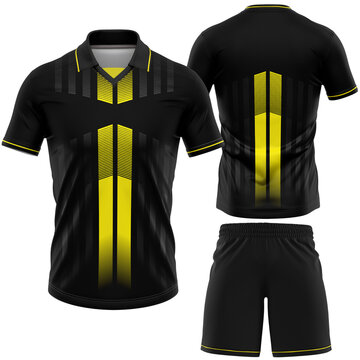 Soccer Jersey and Shorts Kit Mockup with Modern Black and Yellow Design for Team Sports Apparel Branding and Customization