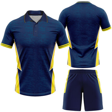 Sports Uniform Design Mockup Featuring a Blue and Yellow Polo Shirt and Shorts Ideal for Team Athletic Apparel Branding