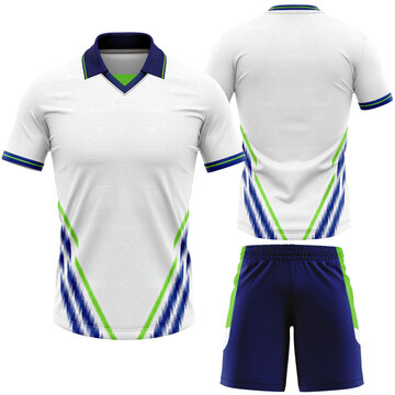 White Soccer Uniform Design Mockup with a Jersey Featuring Dark Blue and Vibrant Green Accents Geometric Patterns and Matching Dark Blue Shorts for Athletic Apparel Branding